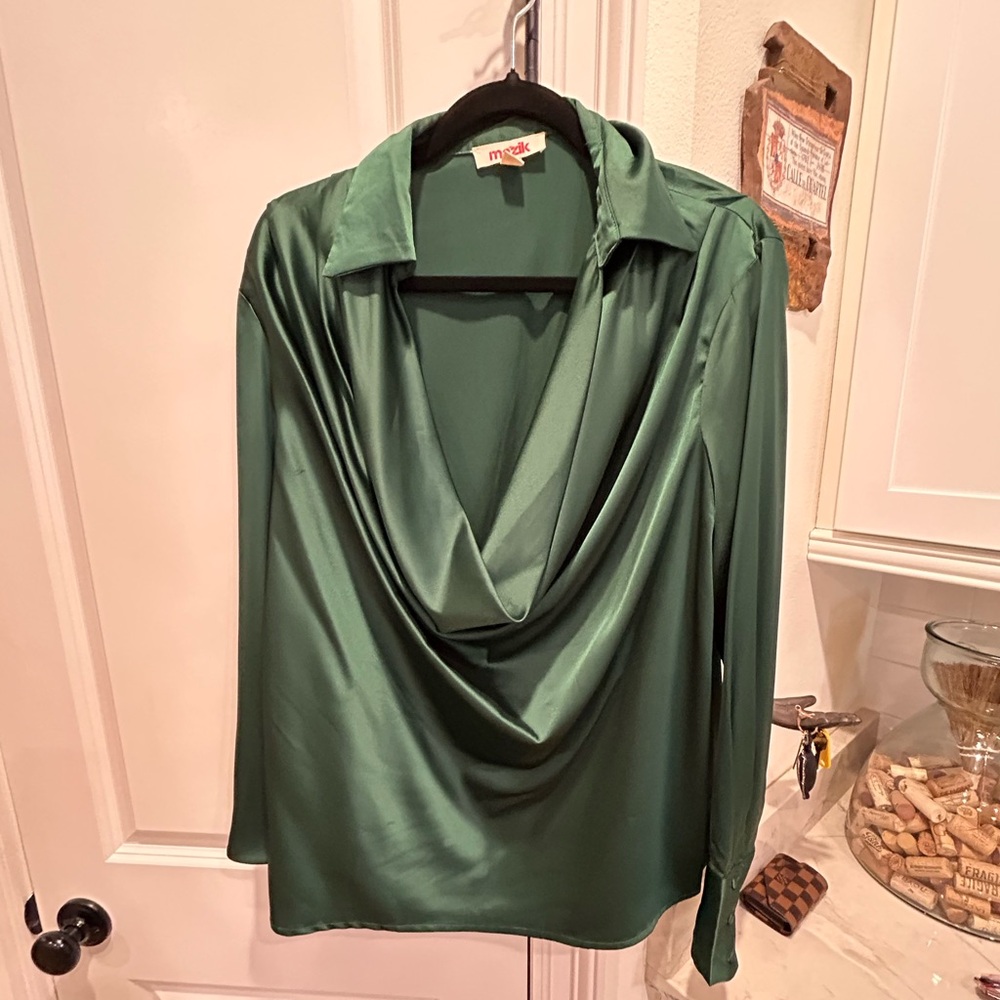 Satin blouse. Dark green cowl neck. Size 14